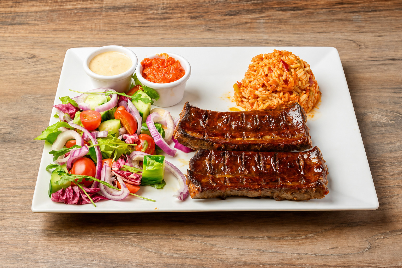 Spare Ribs vom Grill mit Djuveč-Reis, Ajvar und Salat – Restaurant Schillerhof Pnishi